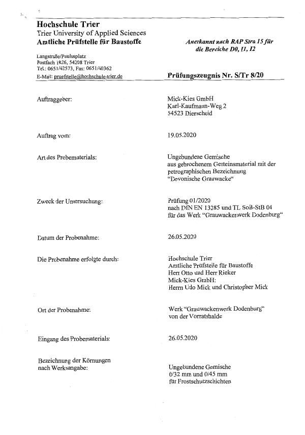 Prüfungszeugnis S-TR 8-20 nach DIN EN 12620