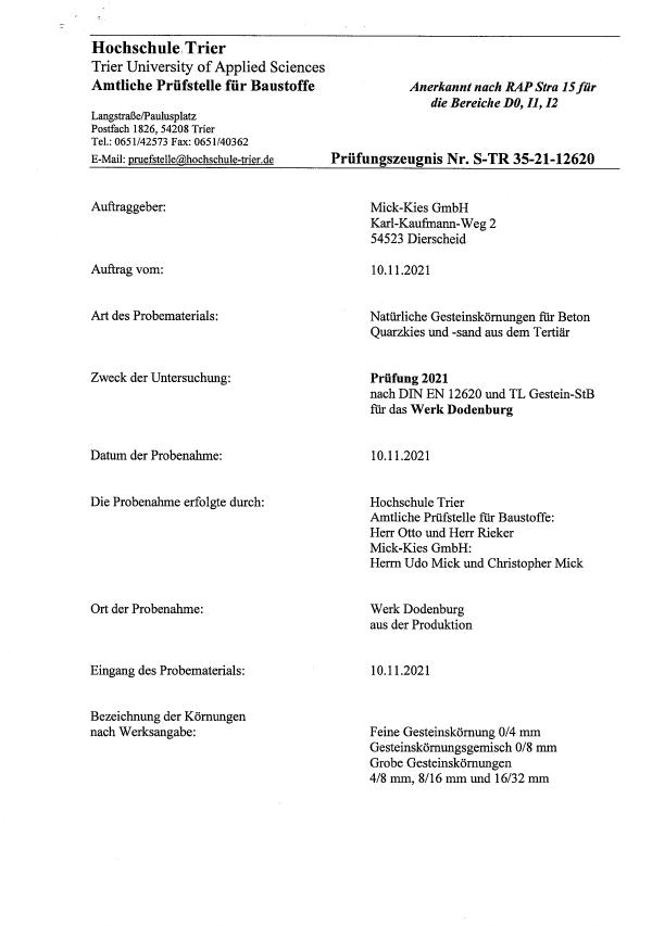 Prüfungszeugnis S-TR 35-21 nach DIN EN 12620