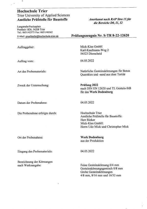 Prüfungszeugnis 2022 nach DIN EN 12620