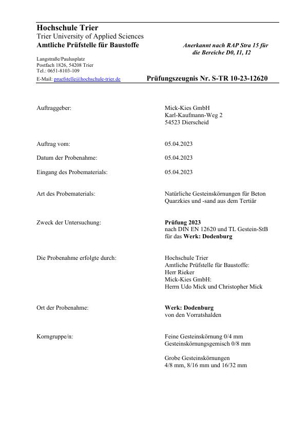 Prüfungszeugnis S-TR 10-23 nach DIN EN 12620