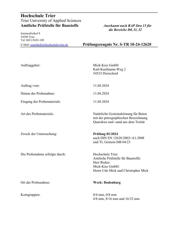 Prüfungszeugnis S-TR 10-24 nach DIN EN 12620