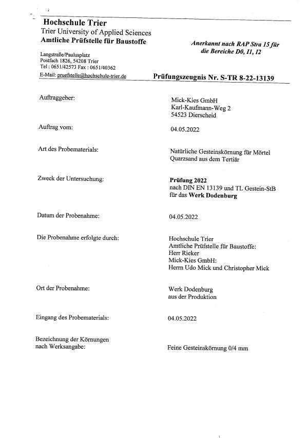Prüfungszeugnis 2022 nach DIN EN 13139