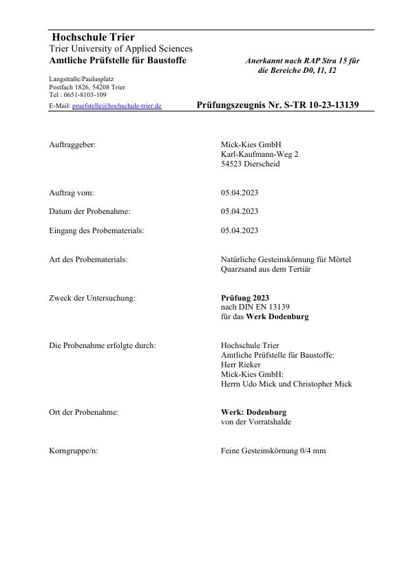 Prüfungszeugnis S-TR 10-23 nach DIN EN 13139
