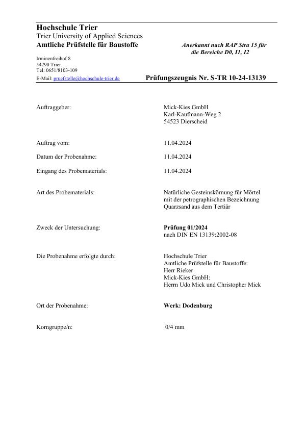 Prüfungszeugnis S-TR 10-24 nach DIN EN 13139