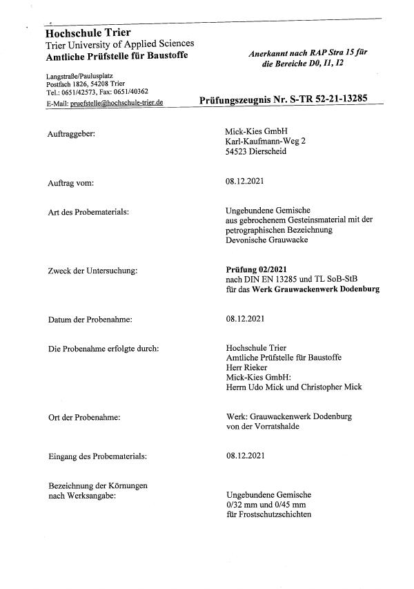 Prüfungszeugnis S-TR 52-21 nach EN 13285