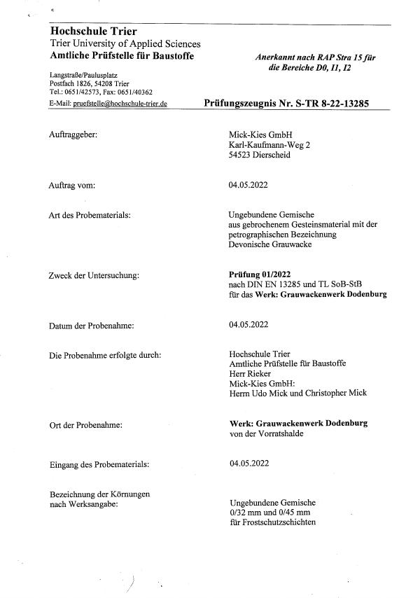 Prüfungszeugnis S-TR 8-22 nach EN 13285