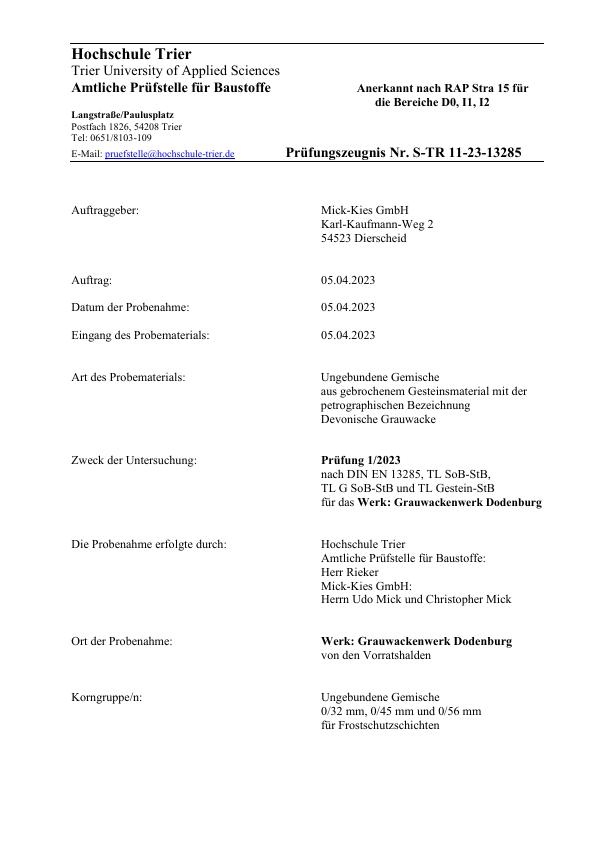 Prüfungszeugnis S-TR 11-23 nach EN 13285