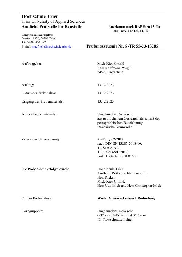 Prüfungszeugnis S-TR 55-23 nach EN 13285