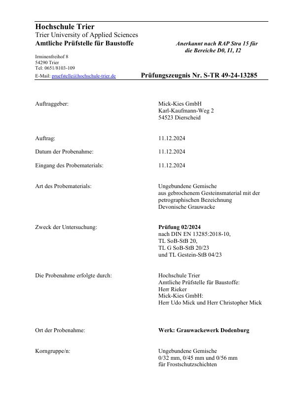 Prüfungszeugnis S-TR 49-24 nach EN 13285