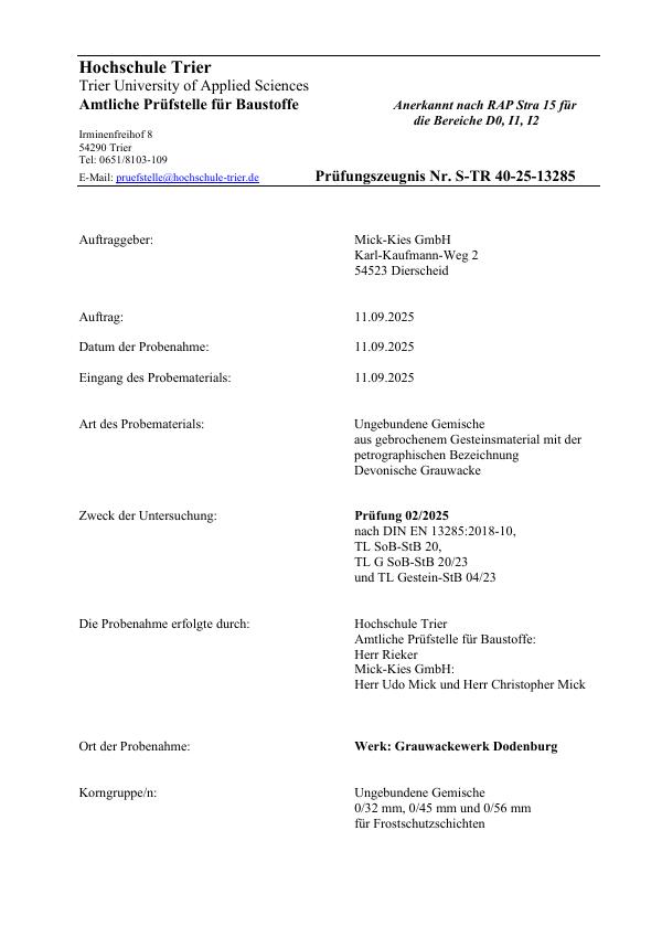 Prüfungszeugnis S-TR 40-25 nach EN 13285